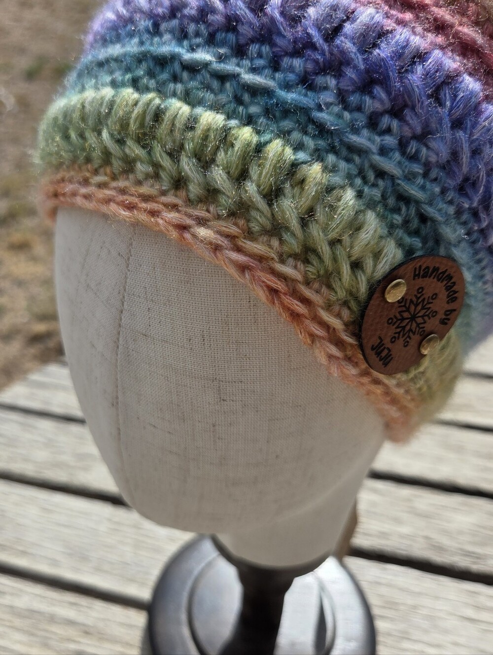 Artisan Handmade Crochet Cotton Blend "Rainbow Ribbons" Beanie Hat - Picture 2 of 6